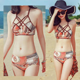 Maxbell Women 3 Piece Swimsuit Floral Bikini + Halter Beachwear Long Dress L Orange