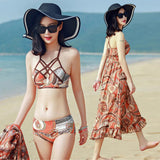 Maxbell Women 3 Piece Swimsuit Floral Bikini + Halter Beachwear Long Dress XL Orange