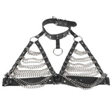 Maxbell Women Punk Body Chain Leather Harness Adjustable Cage Bra Black+Silver Chain