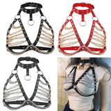 Maxbell Women Punk Body Chain Leather Harness Adjustable Cage Bra Black+Silver Chain