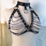 Maxbell Women Punk Body Chain Leather Harness Adjustable Cage Bra Black+Silver Chain
