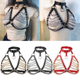 Maxbell Women Punk Body Chain Leather Harness Adjustable Cage Bra Black+Silver Chain