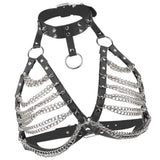Maxbell Women Punk Body Chain Leather Harness Adjustable Cage Bra Black+Silver Chain