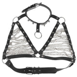 Maxbell Women Punk Body Chain Leather Harness Adjustable Cage Bra Black+Silver Chain