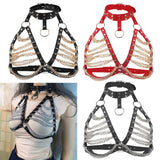 Maxbell Women Punk Body Chain Leather Harness Adjustable Cage Bra Black+Silver Chain