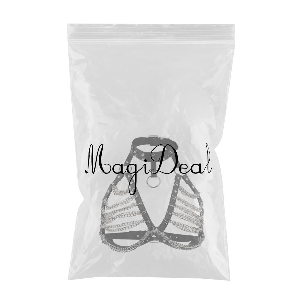 Maxbell Women Punk Body Chain Leather Harness Adjustable Cage Bra Black+Silver Chain
