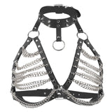 Maxbell Women Punk Body Chain Leather Harness Adjustable Cage Bra Black+Silver Chain