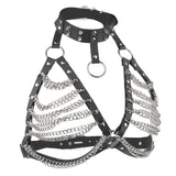 Maxbell Women Punk Body Chain Leather Harness Adjustable Cage Bra Black+Silver Chain
