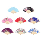 Japanese Hand Fan Vintage Bamboo Silk Fabric Folding Handheld Fan Solid Blue