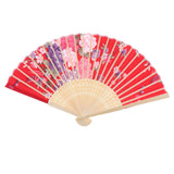 Japanese Hand Fan Vintage Bamboo Silk Fabric Folding Handheld Fan Red