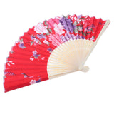 Japanese Hand Fan Vintage Bamboo Silk Fabric Folding Handheld Fan Red