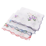 3 Womens Flower Cotton Handkerchiefs Hanky Pocket Square with Wavy Edge