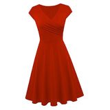 Max Women's Swing Casual High Waist  A Line Cap Sleeve V Neck Dress Red 2XL