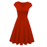Max Women's Swing Casual High Waist  A Line Cap Sleeve V Neck Dress Red 2XL