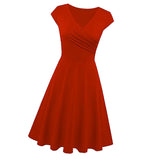 Max Women's Swing Casual High Waist  A Line Cap Sleeve V Neck Dress Red 2XL
