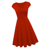 Max Women's Swing Casual High Waist  A Line Cap Sleeve V Neck Dress Red 2XL