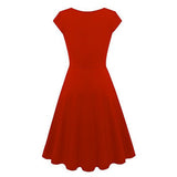 Max Women's Swing Casual High Waist  A Line Cap Sleeve V Neck Dress Red 2XL