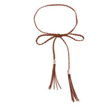 Max PU Leather Women Braided Tassel Belt Girl Fashion Skinny Waist Rope Brown