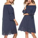 Women 3/4 Sleeve Skirt Off Shoulder Hollow Out Flower Hem Dress Darkblue 1XL