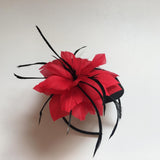 Feather Fascinator Headband Ladies Race Royal Ascot Black Hat+Red Feather