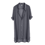 Women's 3/4 Sleeve Chiffon Blouse Button Down Casual Midi Shirt Dress M