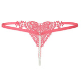 Maxbell Womens Thin Lacy Pearls Hollowed Out Sexy Thong G-String Panties Rose Red