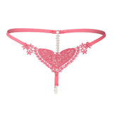 Maxbell Womens Thin Lacy Pearls Hollowed Out Sexy Thong G-String Panties Rose Red