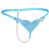 Maxbell Womens Thin Lacy Pearls Hollowed Out Sexy Thong G-String Panties Blue