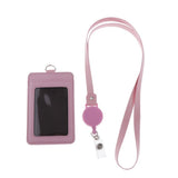 Max 2-Sided Vertical Pu Leather Badge Card Holder Neck Strap Lanyard Pink