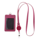 Max 2-Sided Vertical Pu Leather Badge Card Holder Neck Strap Lanyard Rose Red