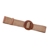 Women Braided Straw Waistband Cinch Belt with Round Wooden Buckle Apricot