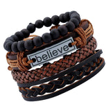 Max 4 Pieces/Set Leather Bracelet Braided Wristband Mens Beads Punk Jewelry