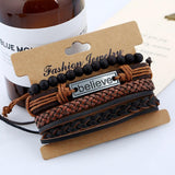 Max 4 Pieces/Set Leather Bracelet Braided Wristband Mens Beads Punk Jewelry