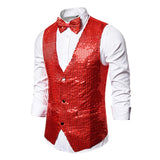 Mens Sequins Vest Button Down Bow Tie Jacket Fashion Party Costume L Red