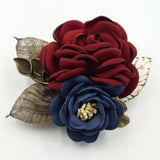 Max Korean Style Rose Flower Shawl Brooch Pin Groom Bridal Corsage Wine