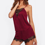 Max Wine Red Women's Lace Satin Sleepwear Cami Top and Shorts Pajama  L