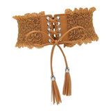 Max Womens Lace Leather Wide Waist Belt Cincher Elastic Band Corset Light Tan