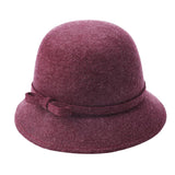 Womens Wool Felt Cloche Bowler Hat Church Derby Wide Brim Dome Cap Burgundy