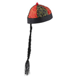 Kids Chinese Emperor Cap with Ponytail Role Play Party Costume Hat Red+Black