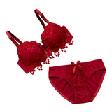 Women Lace Flower Bra Set Padded Lingerie Push Up Underwear Kit Wine Red 75B