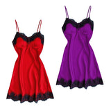 Max Women Sexy Lace Trim Satin Nightdress Lingerie Sleepwear Night Gown Red S
