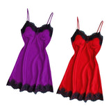 Max Women Sexy Lace Trim Satin Nightdress Lingerie Sleepwear Night Gown Red S