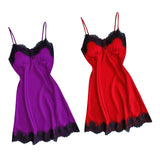 Max Women Sexy Lace Trim Satin Nightdress Lingerie Sleepwear Night Gown Red S