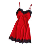 Max Women Sexy Lace Trim Satin Nightdress Lingerie Sleepwear Night Gown Red M