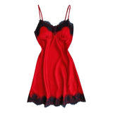 Max Women Sexy Lace Trim Satin Nightdress Lingerie Sleepwear Night Gown Red M