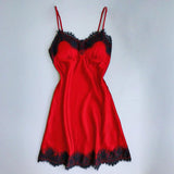 Max Women Sexy Lace Trim Satin Nightdress Lingerie Sleepwear Night Gown Red 2XL