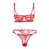 Max Women's Lace Lingerie Set Floral Lace Underwire Sheer Bra and Panty M Red