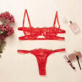 Max Women's Lace Lingerie Set Floral Lace Underwire Sheer Bra and Panty M Red