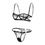 Max Women's Lace Lingerie Set Floral Lace Underwire Sheer Bra and Panty L Black