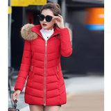 Maxbell women red medium down jackets fluffy collar hoodie coat zipper outwear L